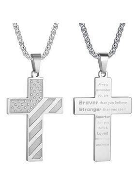 Silver American Flag Cross Necklace for Men Stainless Steel Box Chain 22+2 inch